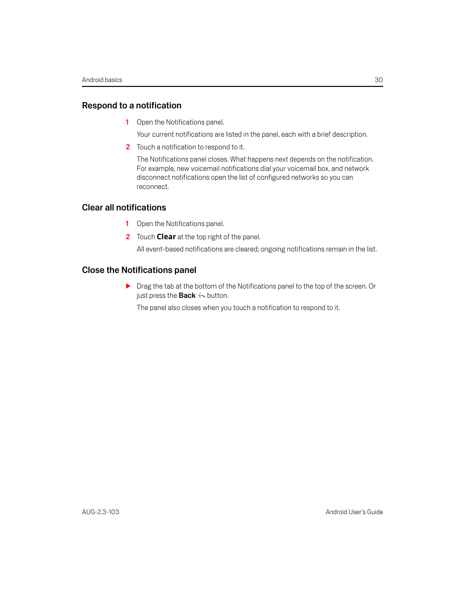 Respond to a notification, Clear all notifications, Close the notifications panel | Samsung Android 2.3 User Manual | Page 30 / 380
