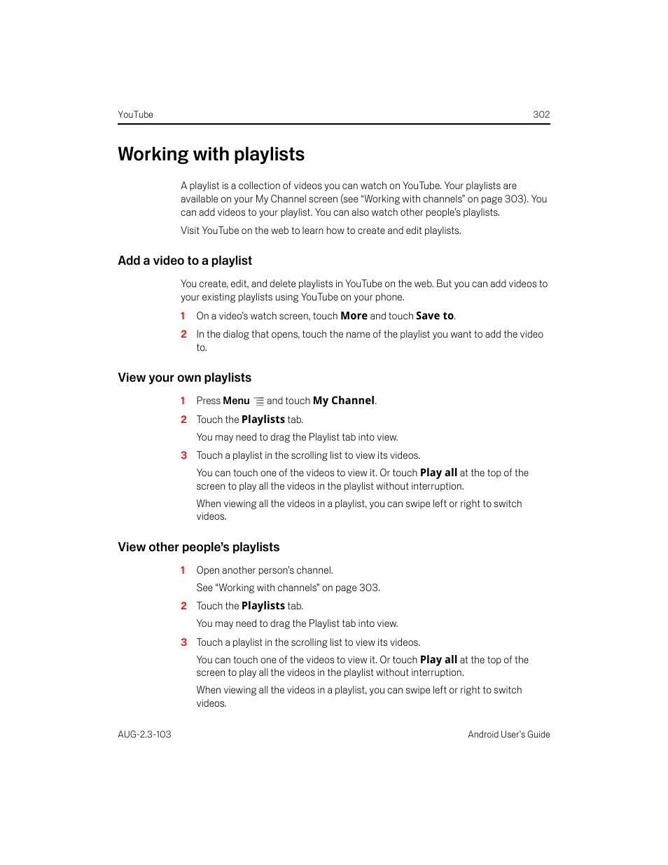 Working with playlists, Add a video to a playlist, View your own playlists | View other people’s playlists, Working with playlists 302 | Samsung Android 2.3 User Manual | Page 302 / 380