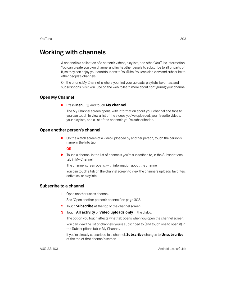 Working with channels, Open my channel, Open another person’s channel | Subscribe to a channel, Working with channels 303 | Samsung Android 2.3 User Manual | Page 303 / 380