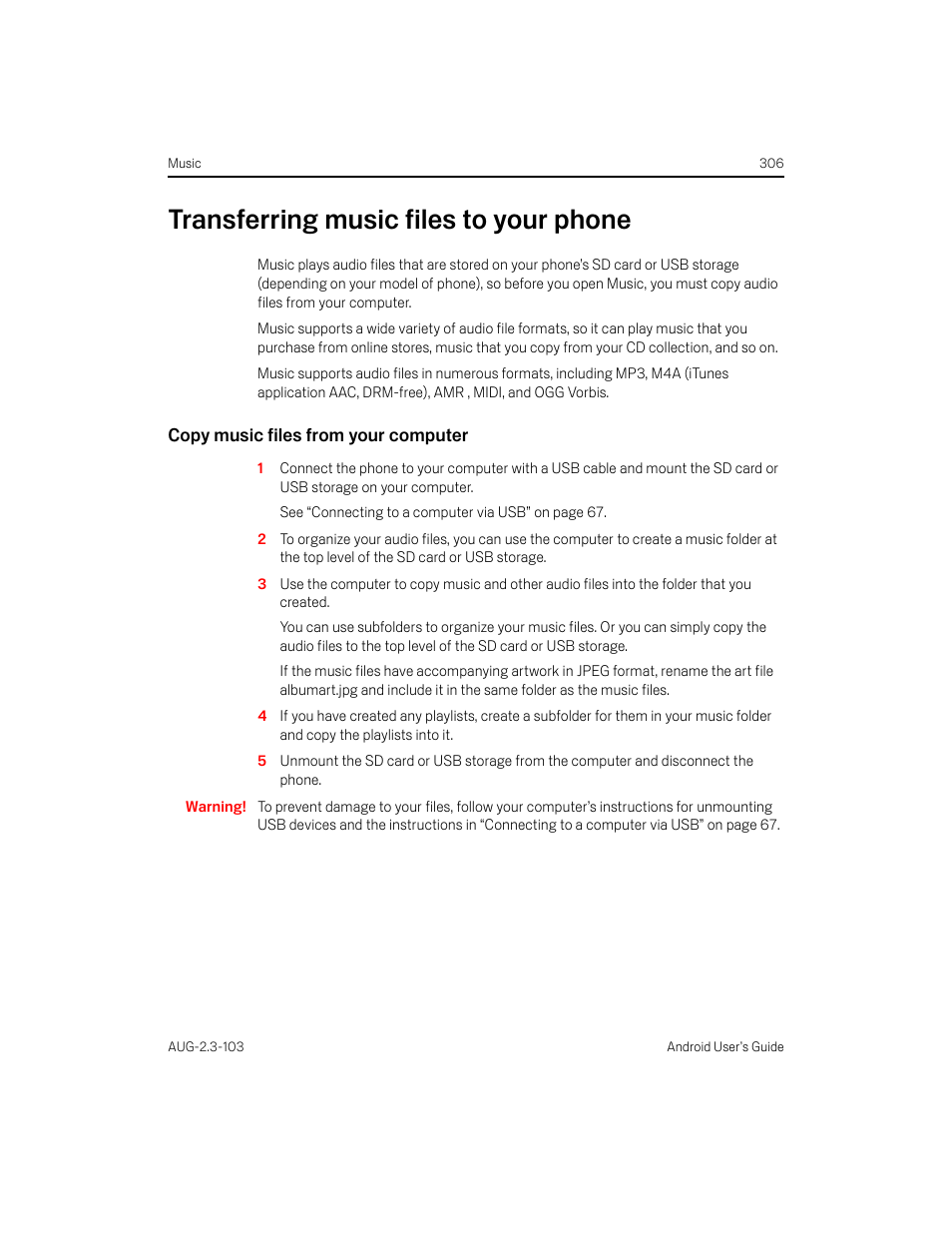 Transferring music files to your phone, Copy music files from your computer, Transferring music files to your phone 306 | Samsung Android 2.3 User Manual | Page 306 / 380