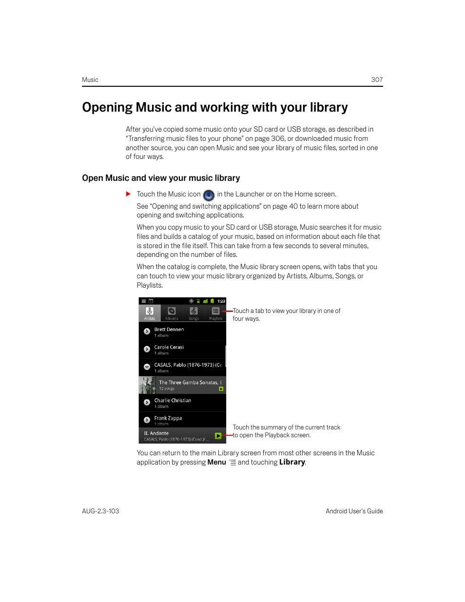 Opening music and working with your library, Open music and view your music library, Opening music and working with your library 307 | Samsung Android 2.3 User Manual | Page 307 / 380