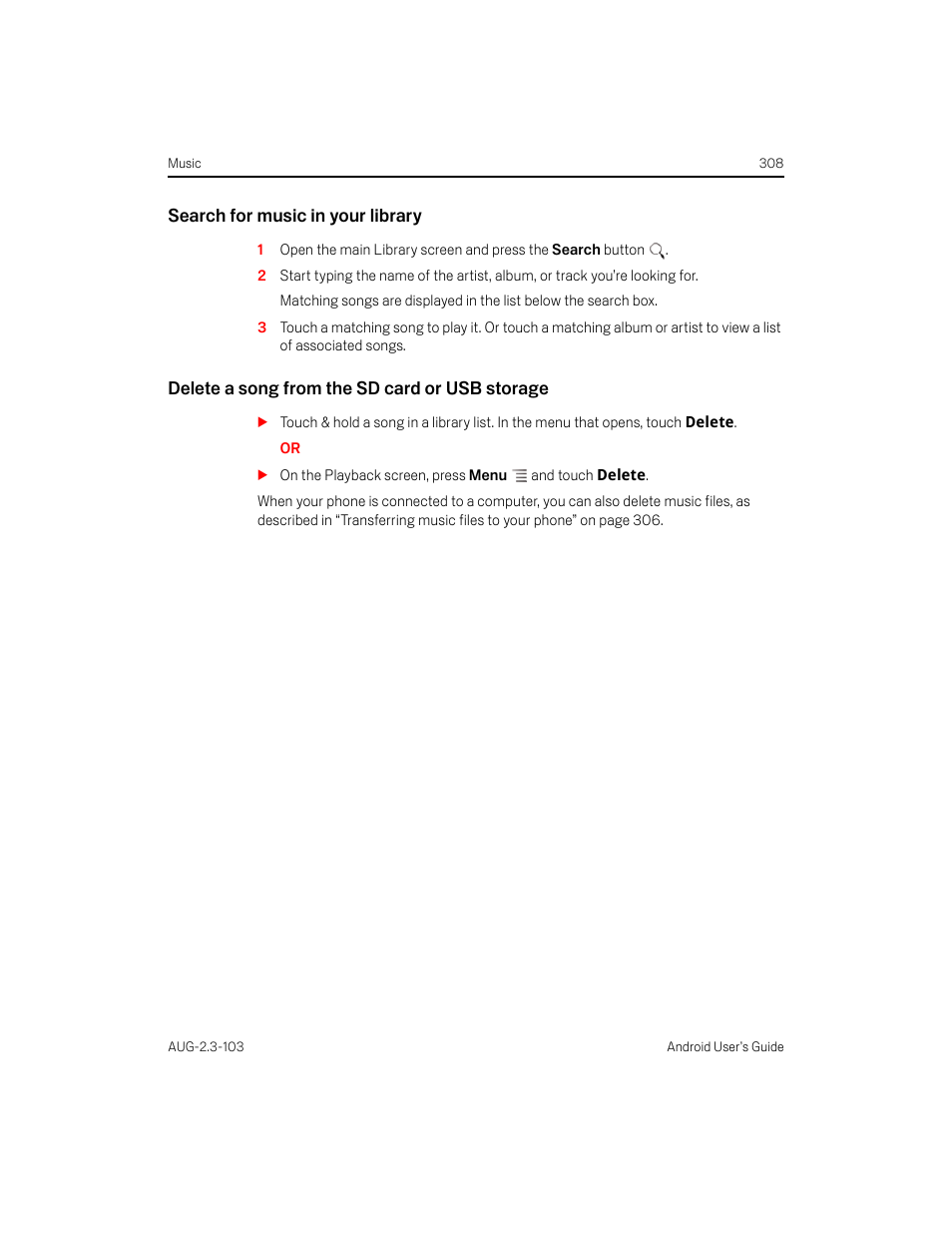 Search for music in your library, Delete a song from the sd card or usb storage | Samsung Android 2.3 User Manual | Page 308 / 380