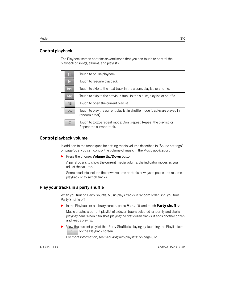 Control playback, Control playback volume, Play your tracks in a party shuffle | Samsung Android 2.3 User Manual | Page 310 / 380