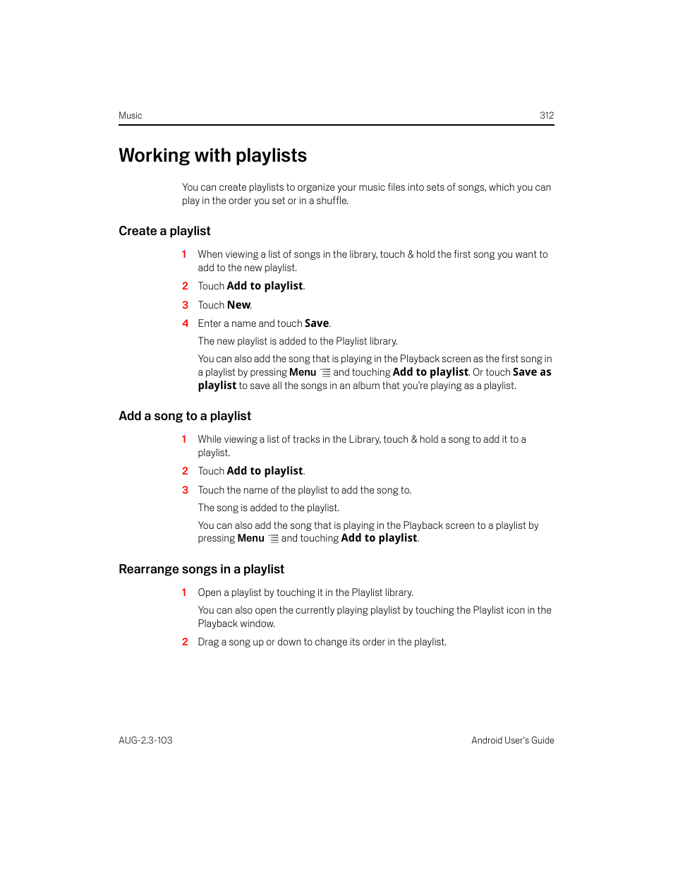 Working with playlists, Create a playlist, Add a song to a playlist | Rearrange songs in a playlist, Working with playlists 312 | Samsung Android 2.3 User Manual | Page 312 / 380