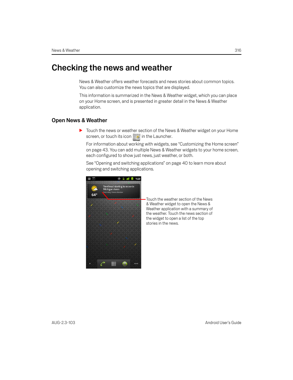 Checking the news and weather, Open news & weather, Checking the news and weather 316 | Samsung Android 2.3 User Manual | Page 316 / 380