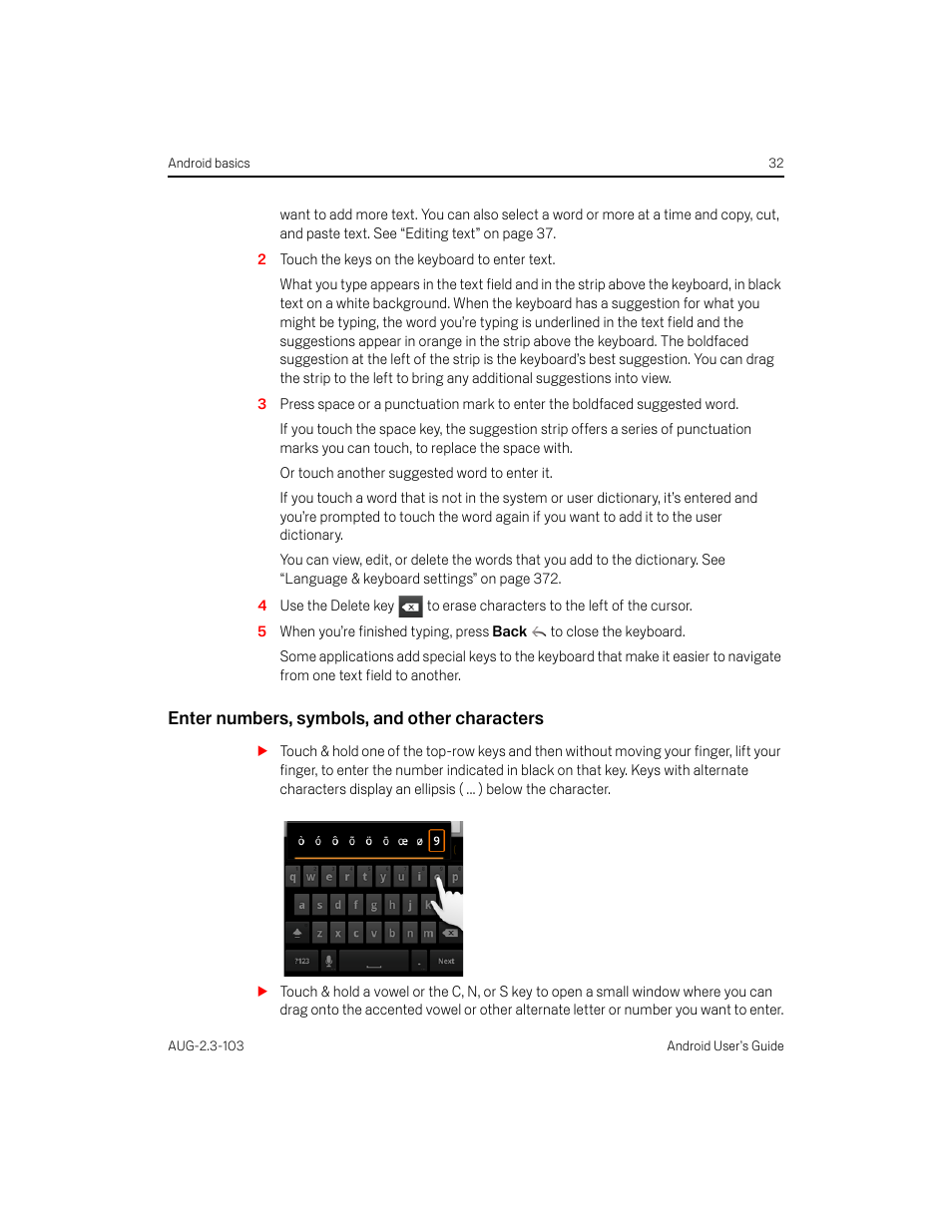 Enter numbers, symbols, and other characters | Samsung Android 2.3 User Manual | Page 32 / 380