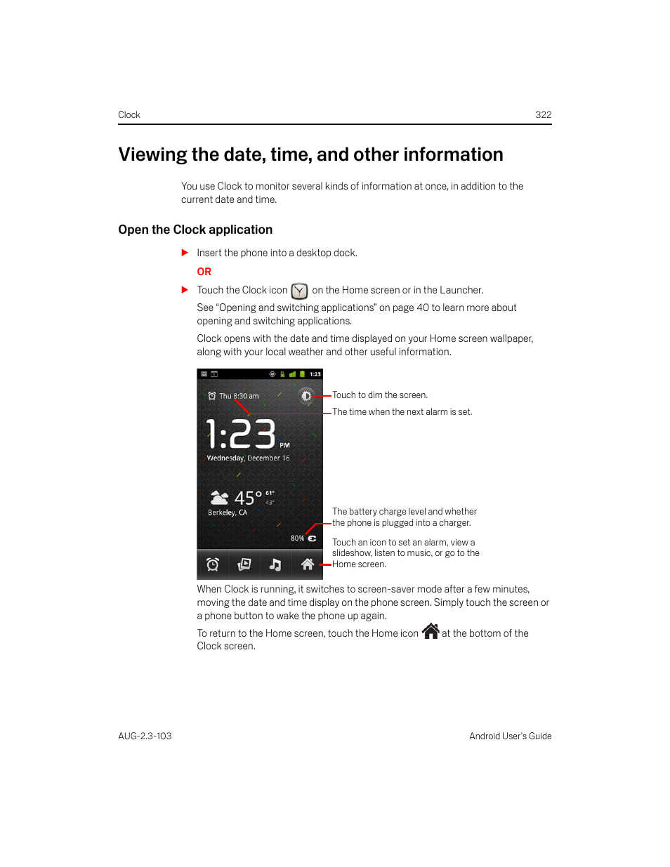 Viewing the date, time, and other information, Open the clock application, Viewing the date, time, and other information 322 | Samsung Android 2.3 User Manual | Page 322 / 380