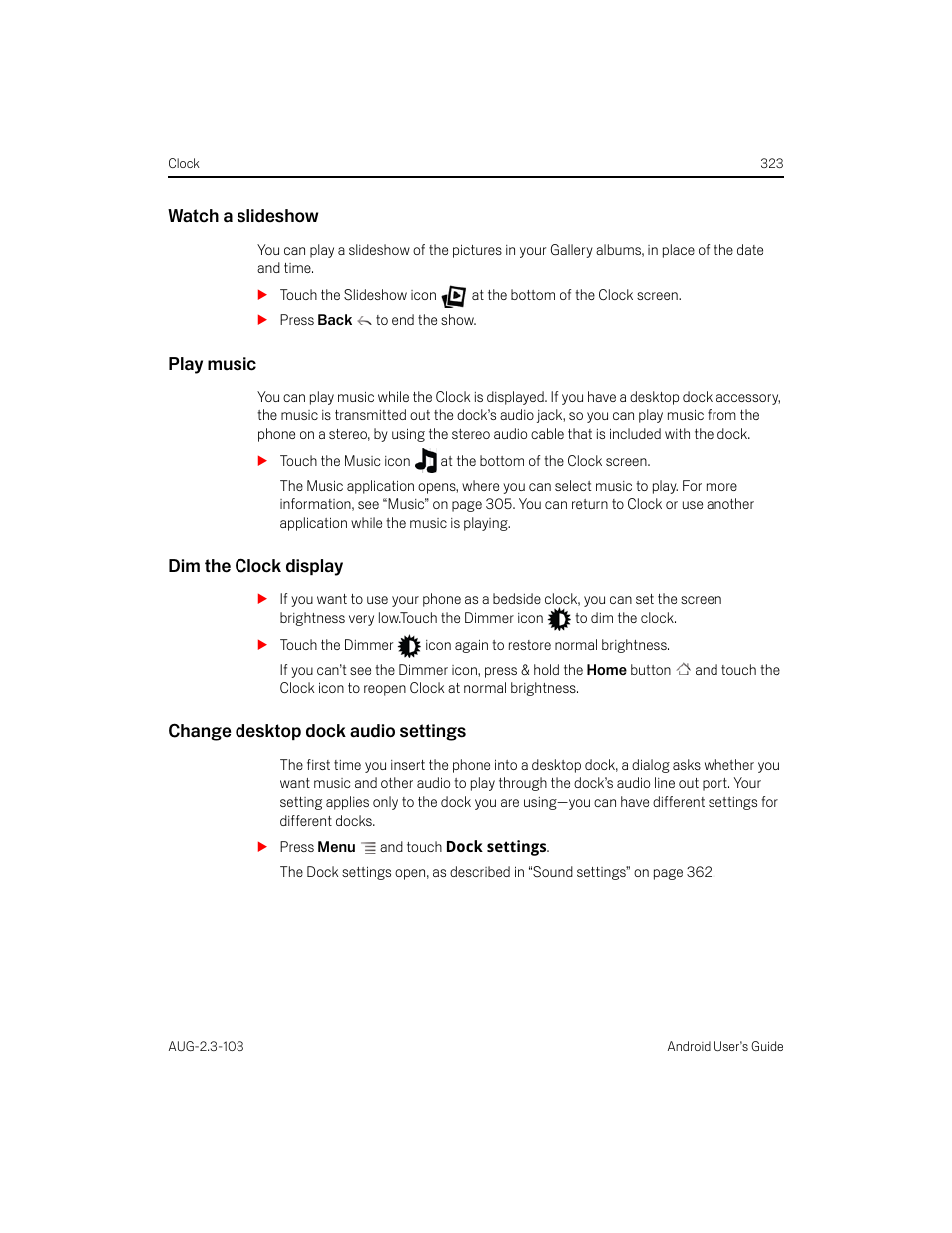 Watch a slideshow, Play music, Dim the clock display | Change desktop dock audio settings | Samsung Android 2.3 User Manual | Page 323 / 380