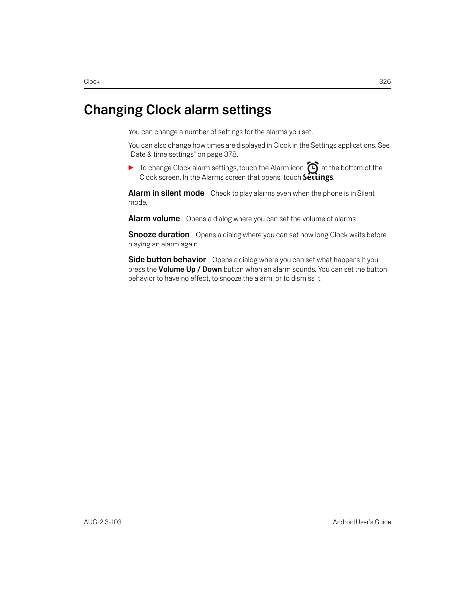 Changing clock alarm settings, Alarm in silent mode, Alarm volume | Snooze duration, Side button behavior, Changing clock alarm settings 326 | Samsung Android 2.3 User Manual | Page 326 / 380