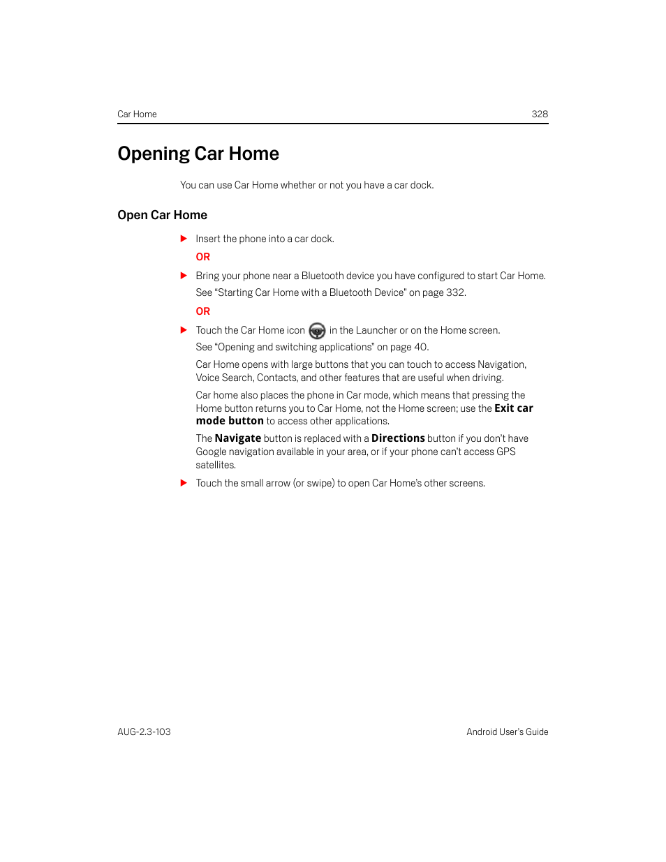 Opening car home, Open car home, Opening car home 328 | Samsung Android 2.3 User Manual | Page 328 / 380