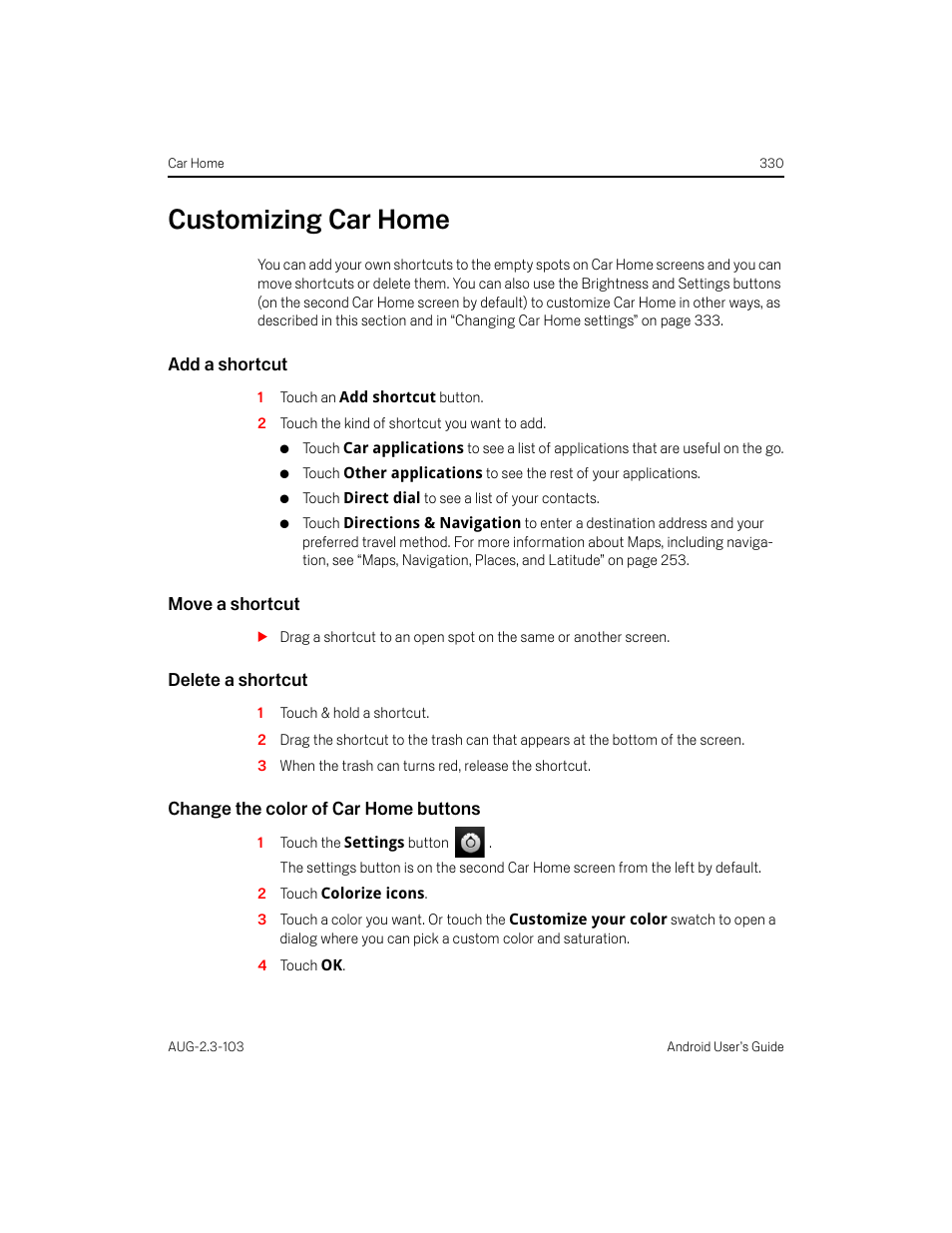 Customizing car home, Add a shortcut, Move a shortcut | Delete a shortcut, Change the color of car home buttons, Customizing car home 330 | Samsung Android 2.3 User Manual | Page 330 / 380