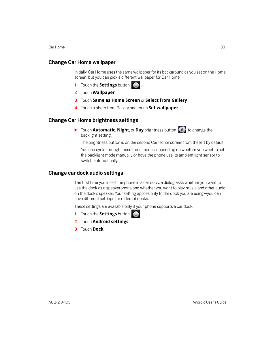 Change car home wallpaper, Change car home brightness settings, Change car dock audio settings | Samsung Android 2.3 User Manual | Page 331 / 380