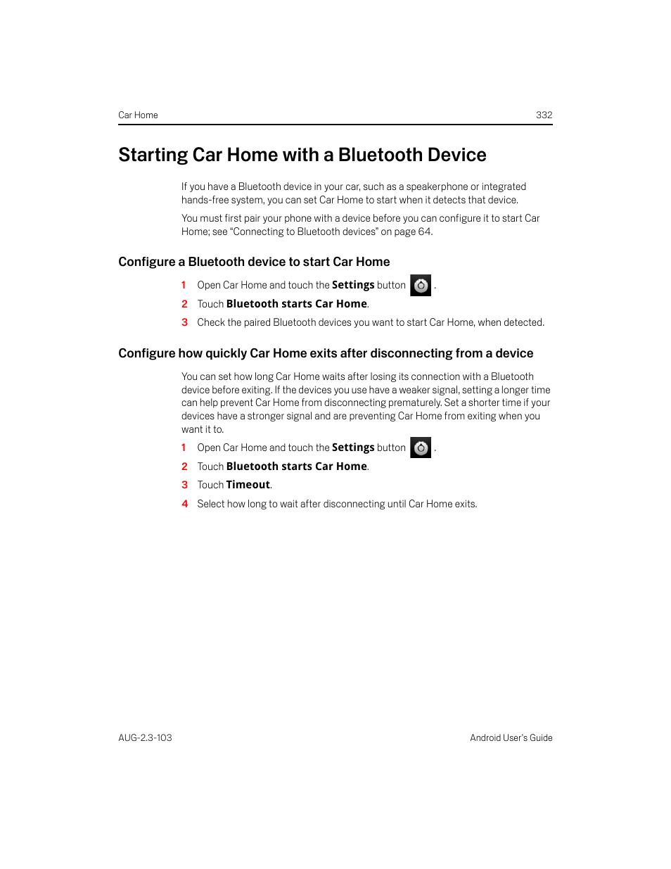 Starting car home with a bluetooth device, Configure a bluetooth device to start car home, Starting car home with a bluetooth device 332 | Samsung Android 2.3 User Manual | Page 332 / 380