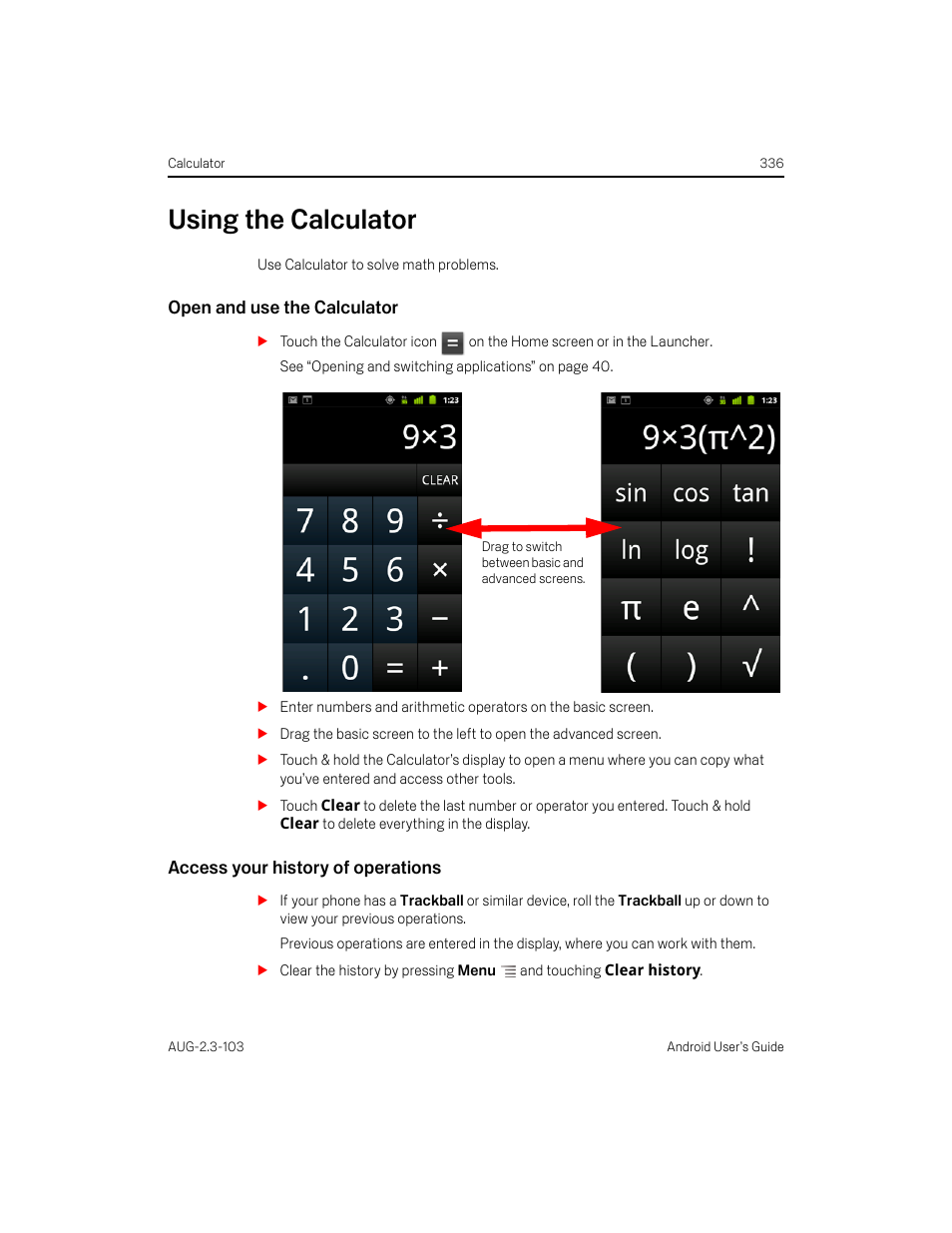 Using the calculator, Open and use the calculator, Access your history of operations | Using the calculator 336 | Samsung Android 2.3 User Manual | Page 336 / 380