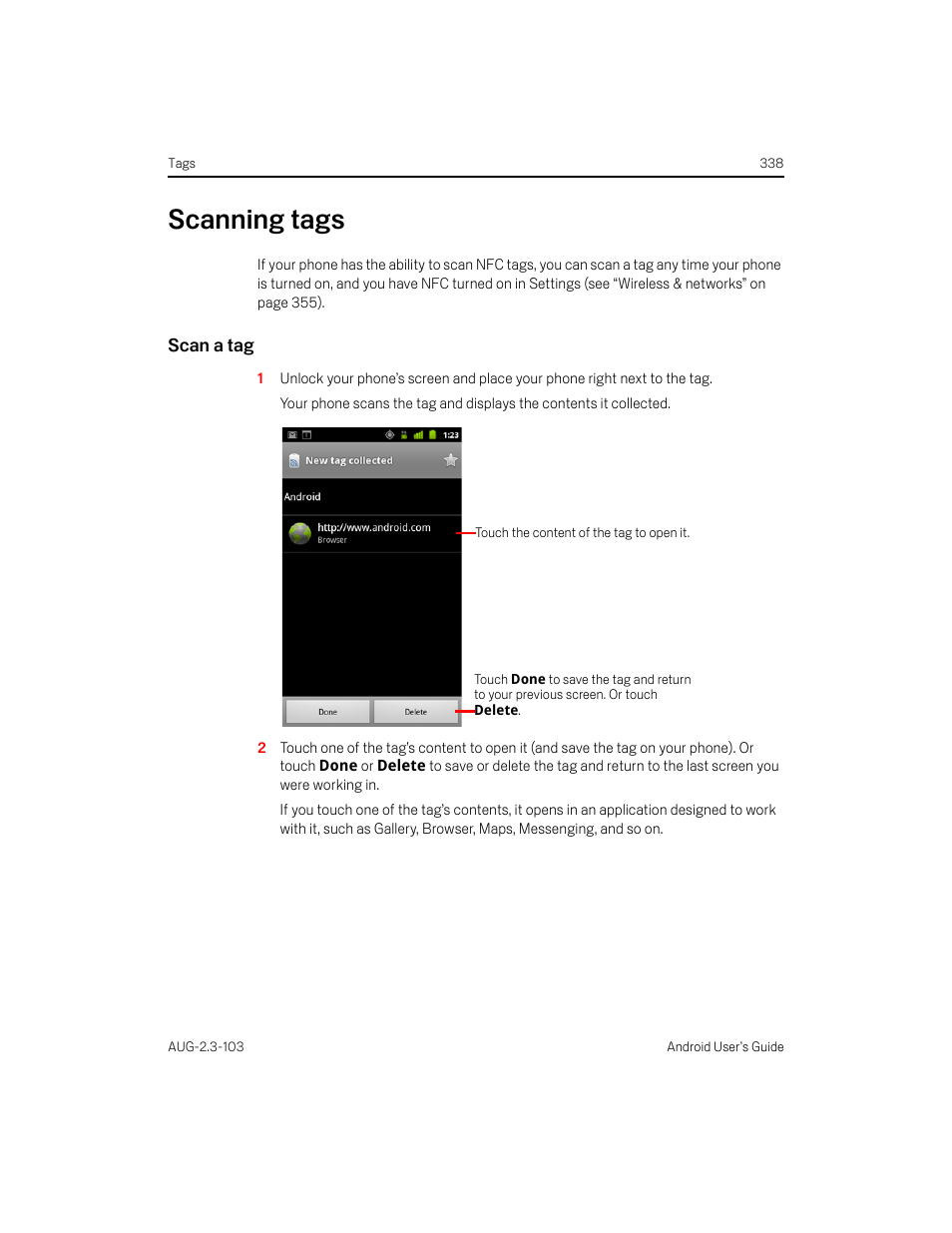 Scanning tags, Scan a tag, Scanning tags 338 | Samsung Android 2.3 User Manual | Page 338 / 380