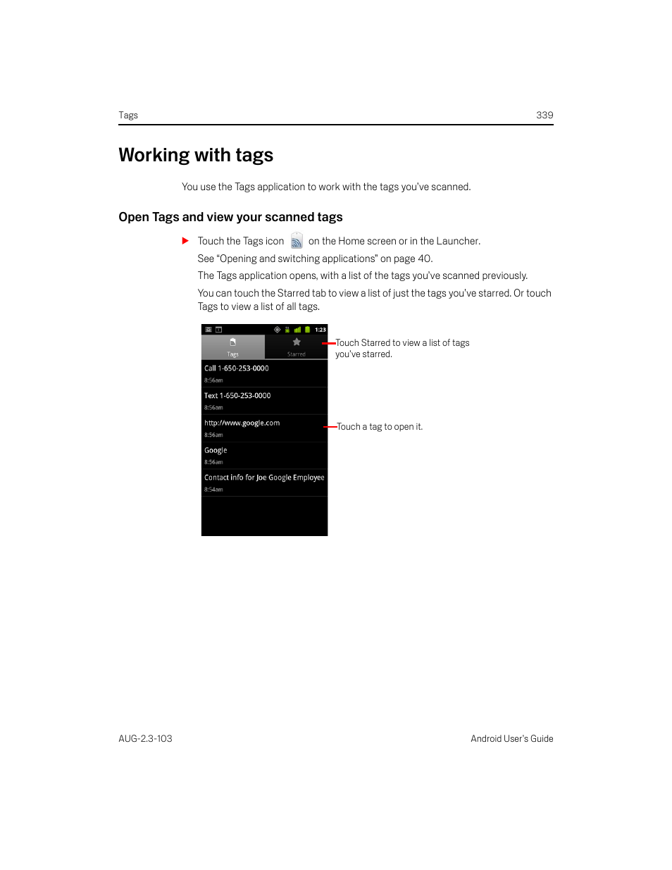 Working with tags, Open tags and view your scanned tags, Working with tags 339 | Samsung Android 2.3 User Manual | Page 339 / 380