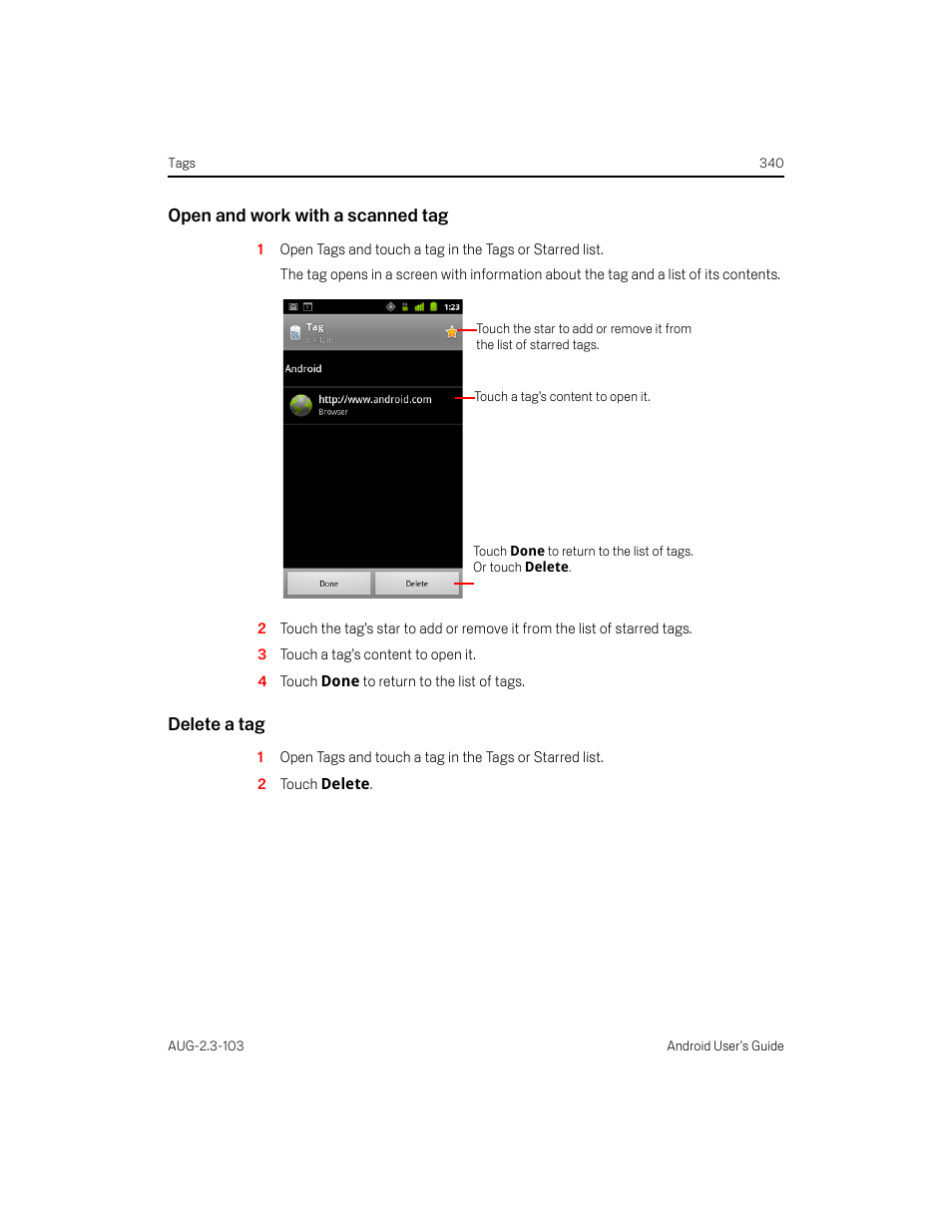Open and work with a scanned tag, Delete a tag | Samsung Android 2.3 User Manual | Page 340 / 380