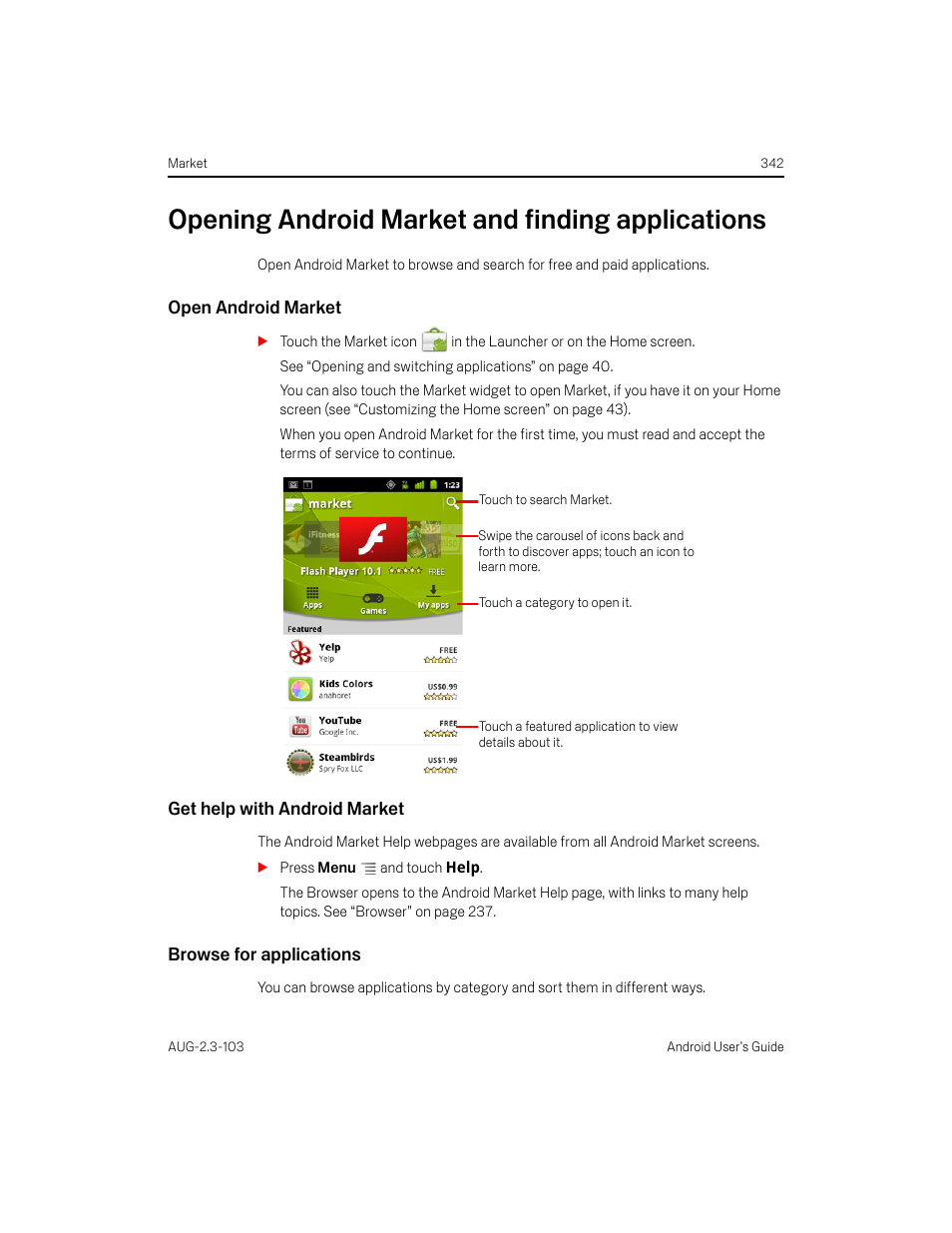 Opening android market and finding applications, Open android market, Get help with android market | Browse for applications | Samsung Android 2.3 User Manual | Page 342 / 380