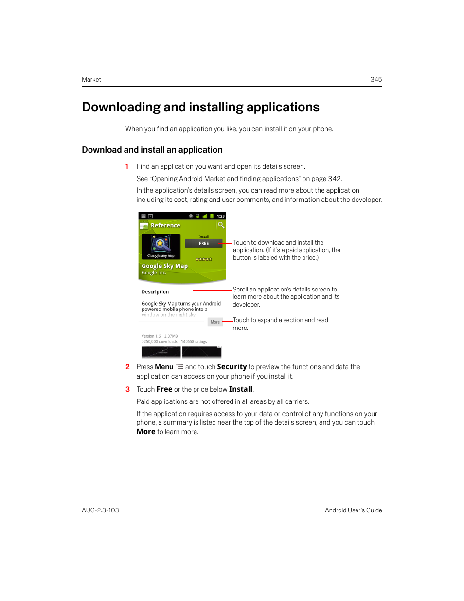 Downloading and installing applications, Download and install an application, Downloading and installing applications 345 | Samsung Android 2.3 User Manual | Page 345 / 380