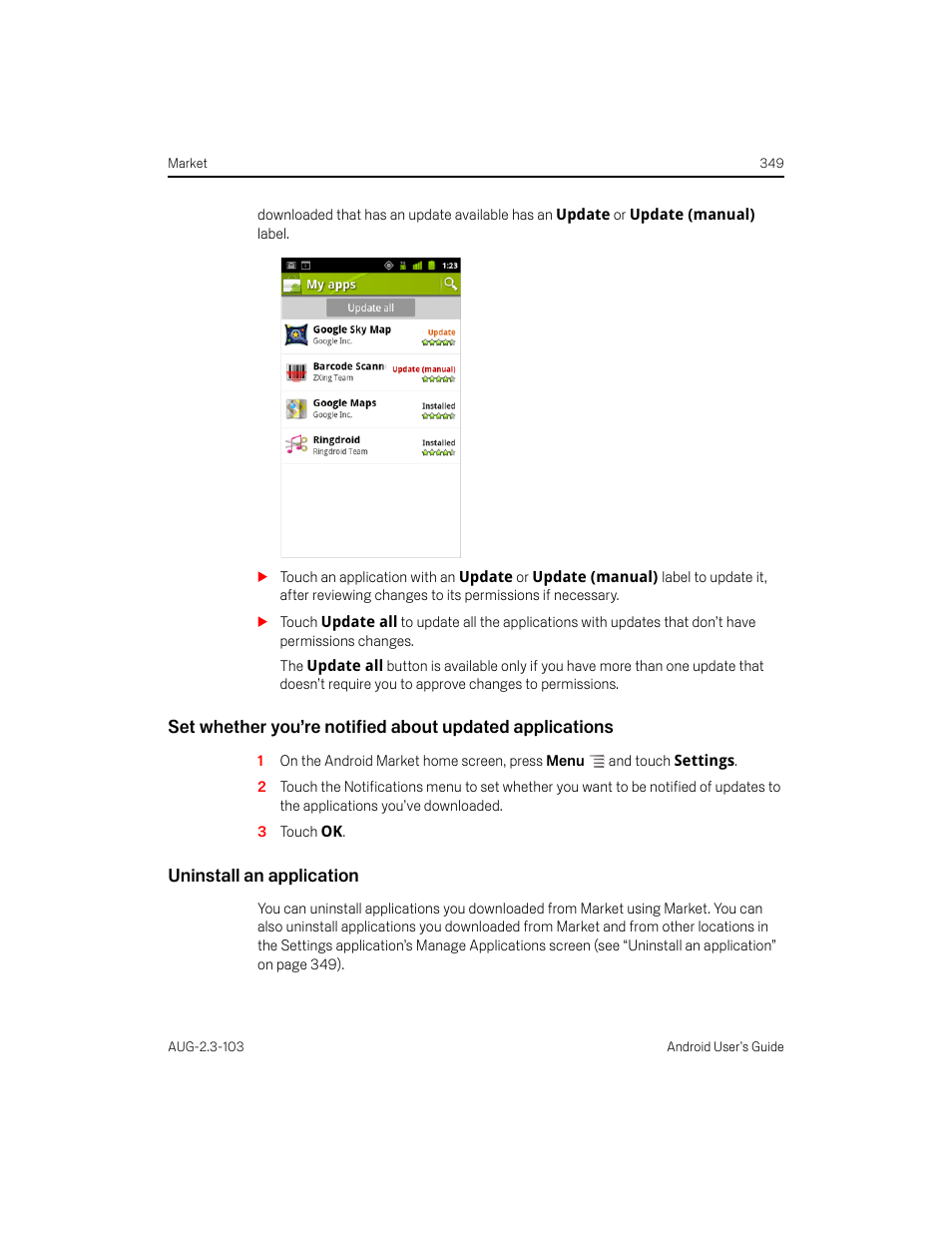Uninstall an application | Samsung Android 2.3 User Manual | Page 349 / 380