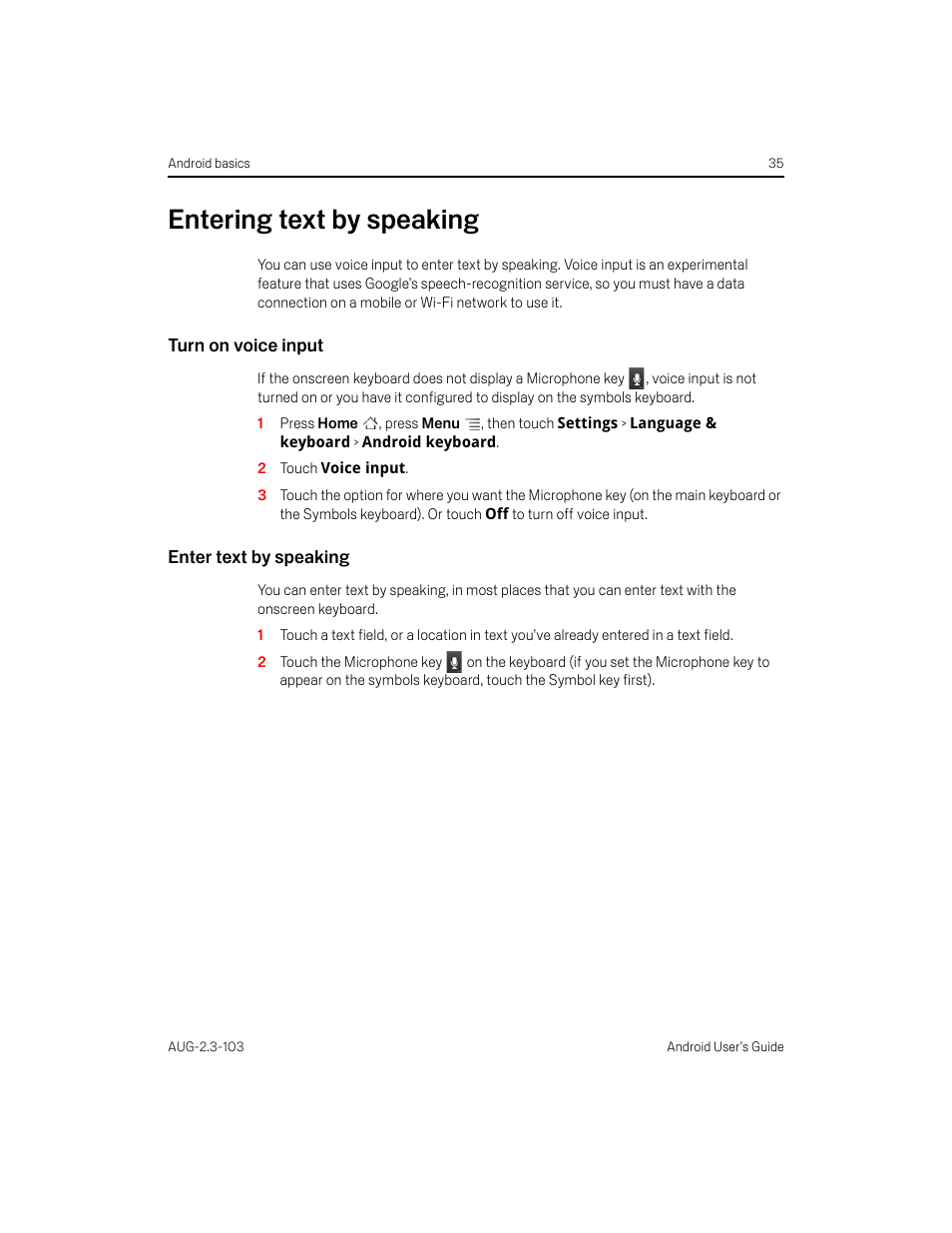 Entering text by speaking, Turn on voice input, Enter text by speaking | Entering text by speaking 35 | Samsung Android 2.3 User Manual | Page 35 / 380