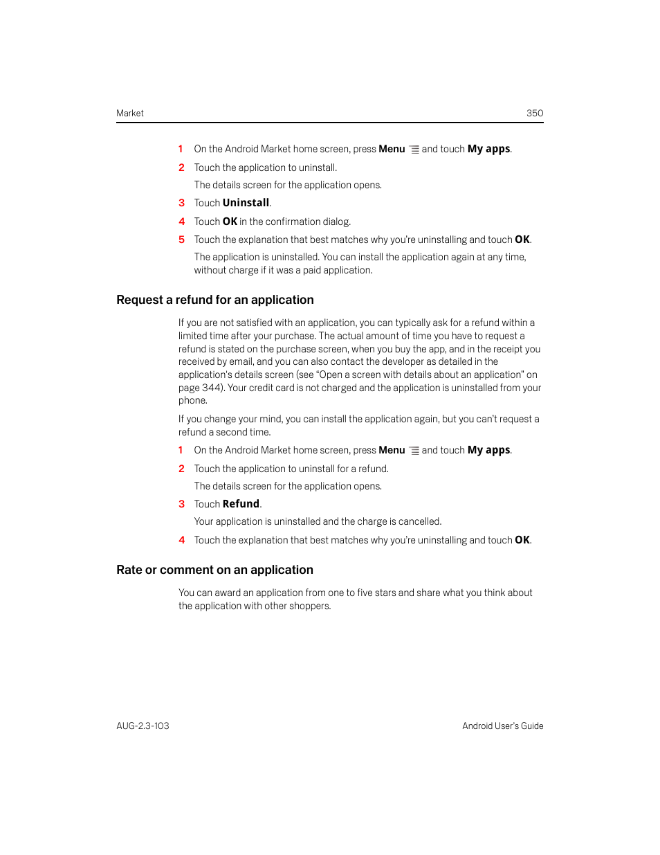Request a refund for an application, Rate or comment on an application | Samsung Android 2.3 User Manual | Page 350 / 380