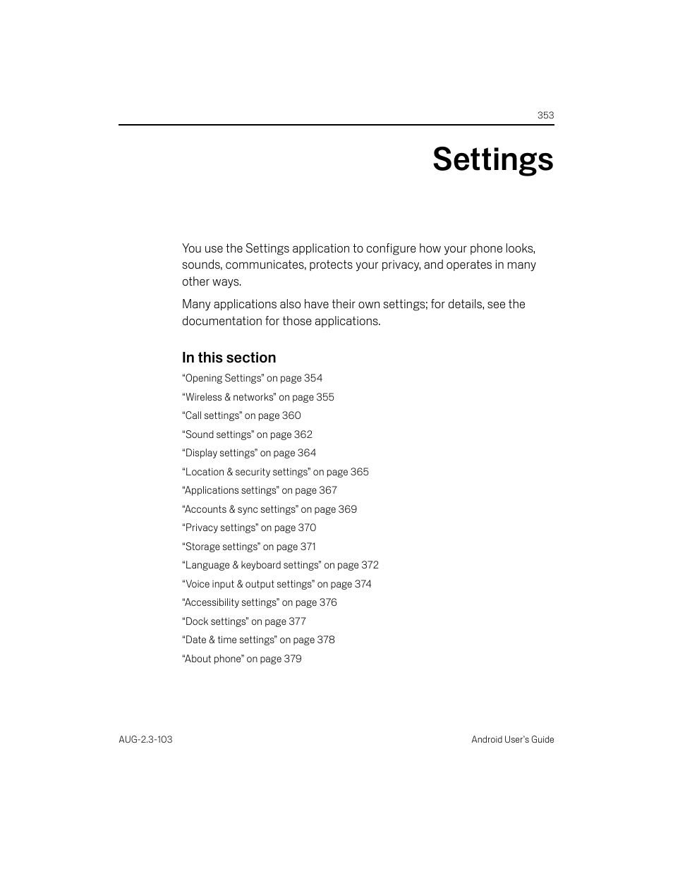 Settings, Settings 353 | Samsung Android 2.3 User Manual | Page 353 / 380