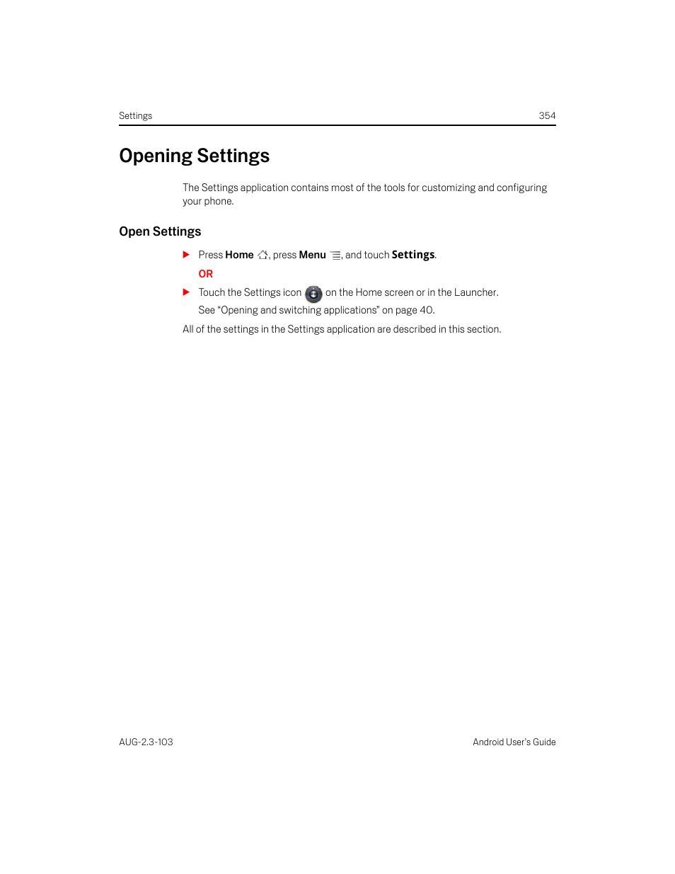 Opening settings, Open settings, Opening settings 354 | Samsung Android 2.3 User Manual | Page 354 / 380