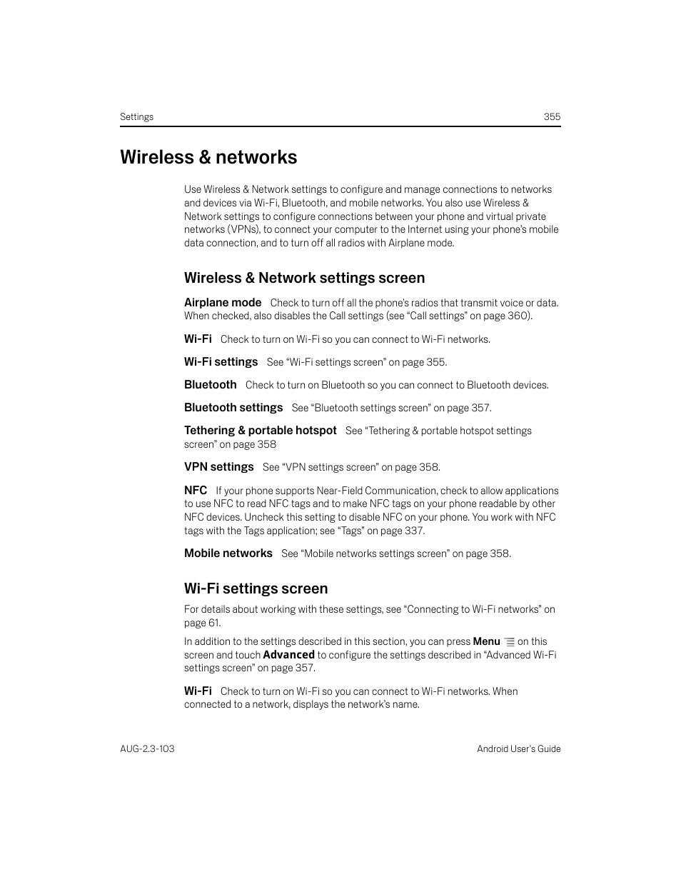 Wireless & networks, Wireless & network settings screen, Airplane mode | Wi-fi, Wi-fi settings, Bluetooth, Bluetooth settings, Tethering & portable hotspot, Vpn settings, Mobile networks | Samsung Android 2.3 User Manual | Page 355 / 380