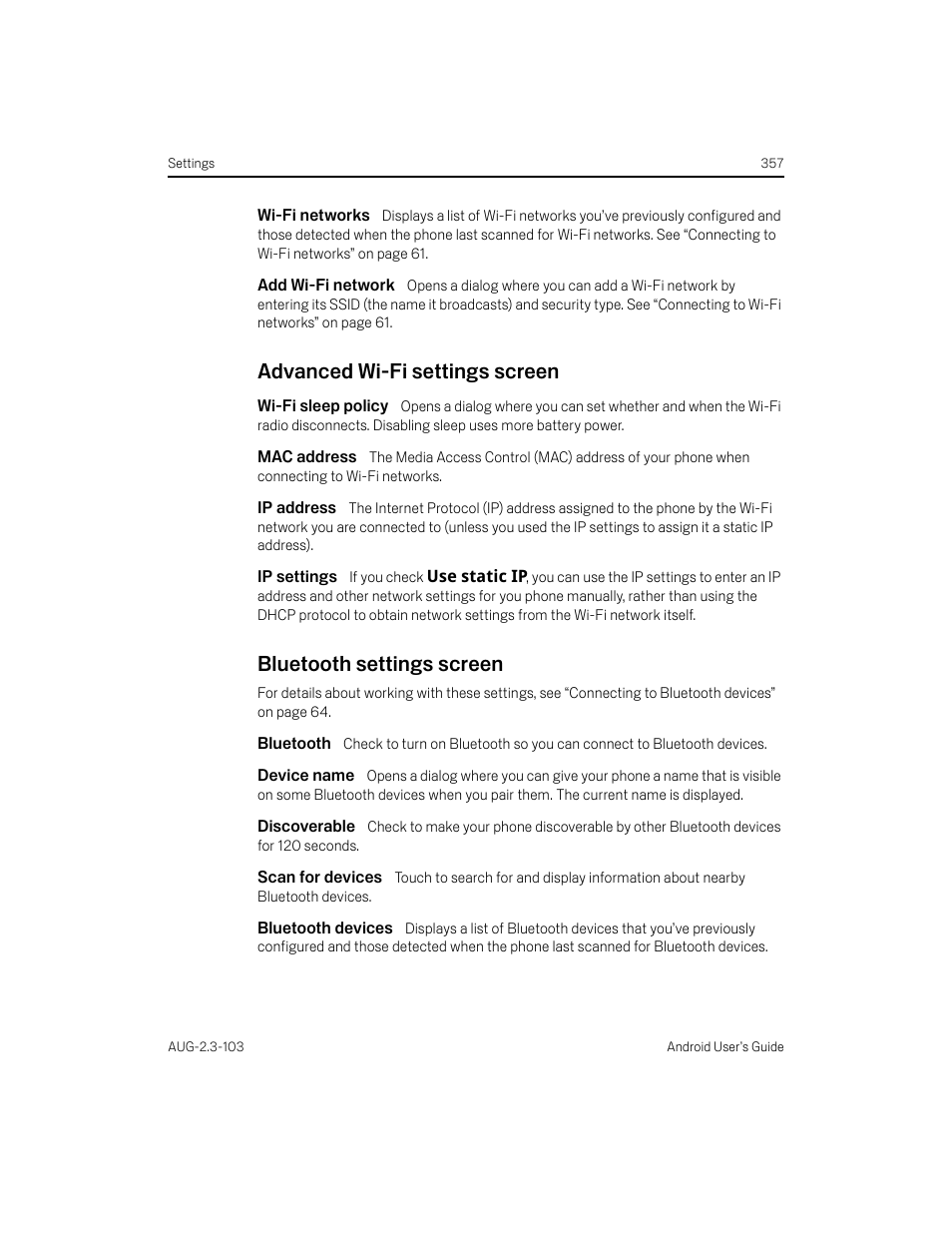 Wi-fi networks, Add wi-fi network, Advanced wi-fi settings screen | Wi-fi sleep policy, Mac address, Ip address, Ip settings, Bluetooth settings screen, Bluetooth, Device name | Samsung Android 2.3 User Manual | Page 357 / 380