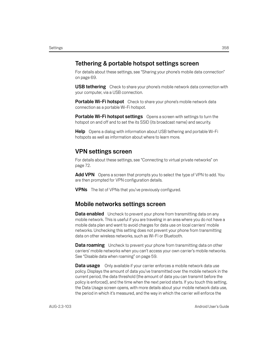 Tethering & portable hotspot settings screen, Usb tethering, Portable wi-fi hotspot | Portable wi-fi hotspot settings, Help, Vpn settings screen, Add vpn, Vpns, Mobile networks settings screen, Data enabled | Samsung Android 2.3 User Manual | Page 358 / 380