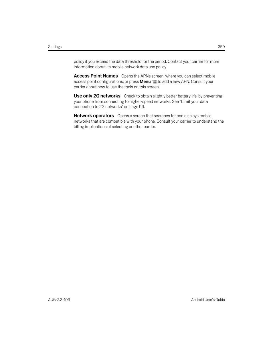 Access point names, Use only 2g networks, Network operators | Samsung Android 2.3 User Manual | Page 359 / 380