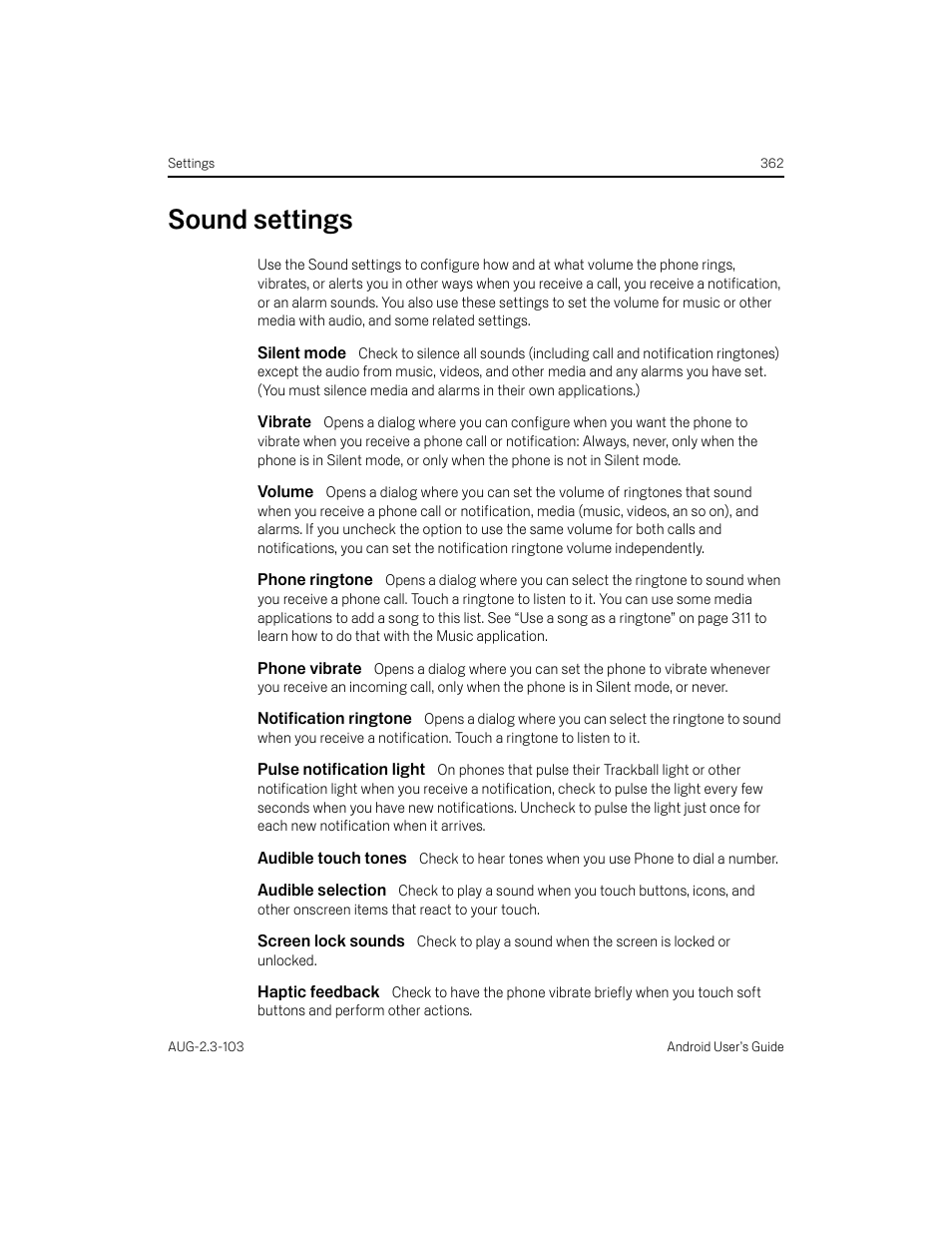 Sound settings, Silent mode, Vibrate | Volume, Phone ringtone, Phone vibrate, Notification ringtone, Pulse notification light, Audible touch tones, Audible selection | Samsung Android 2.3 User Manual | Page 362 / 380