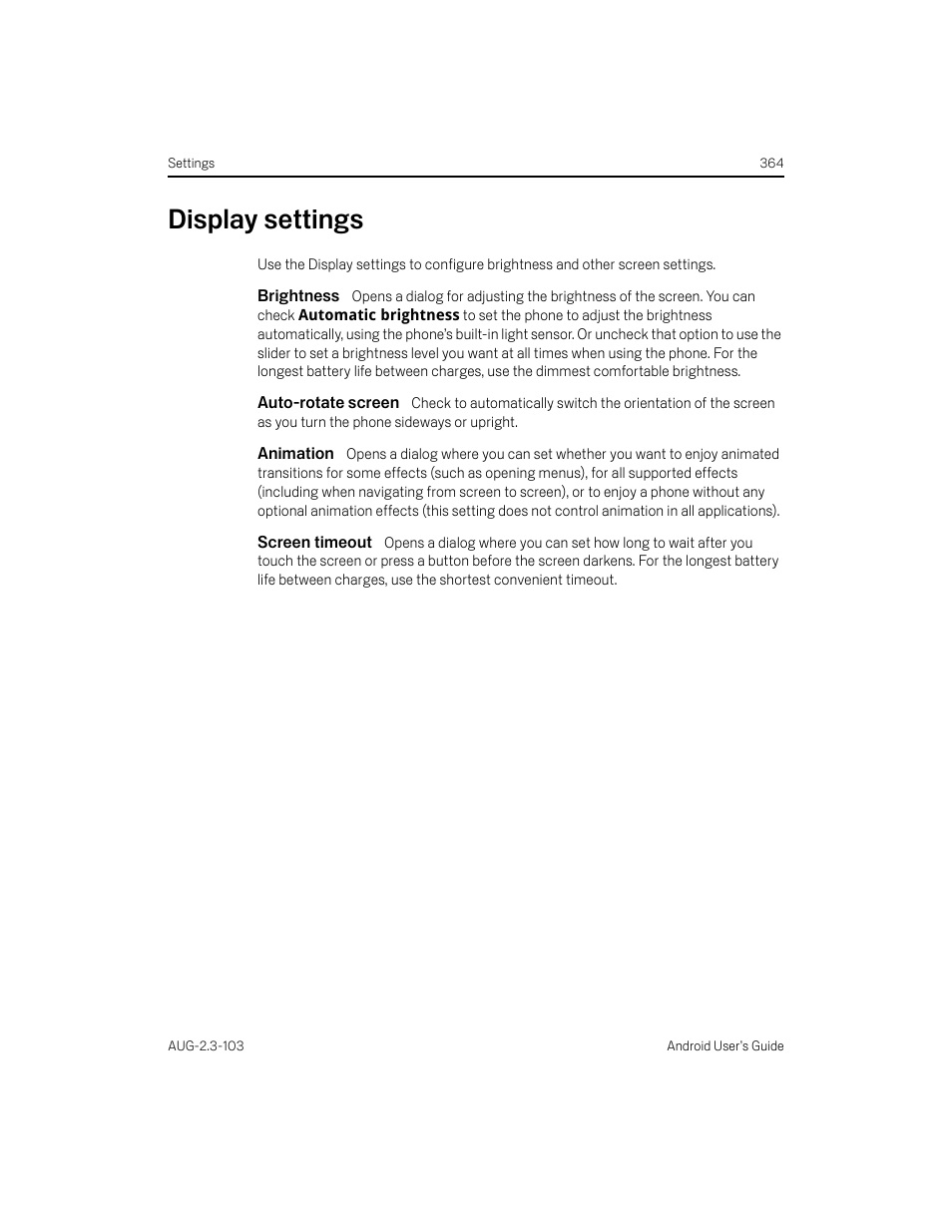 Display settings, Brightness, Auto-rotate screen | Animation, Screen timeout, Display settings 364 | Samsung Android 2.3 User Manual | Page 364 / 380