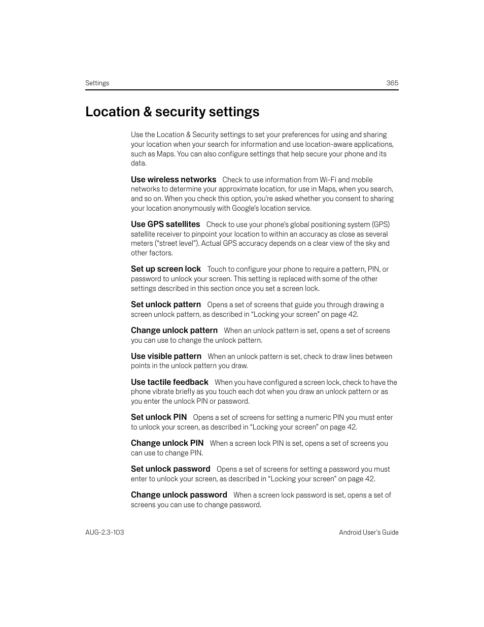 Location & security settings, Use wireless networks, Use gps satellites | Set up screen lock, Set unlock pattern, Change unlock pattern, Use visible pattern, Use tactile feedback, Set unlock pin, Change unlock pin | Samsung Android 2.3 User Manual | Page 365 / 380