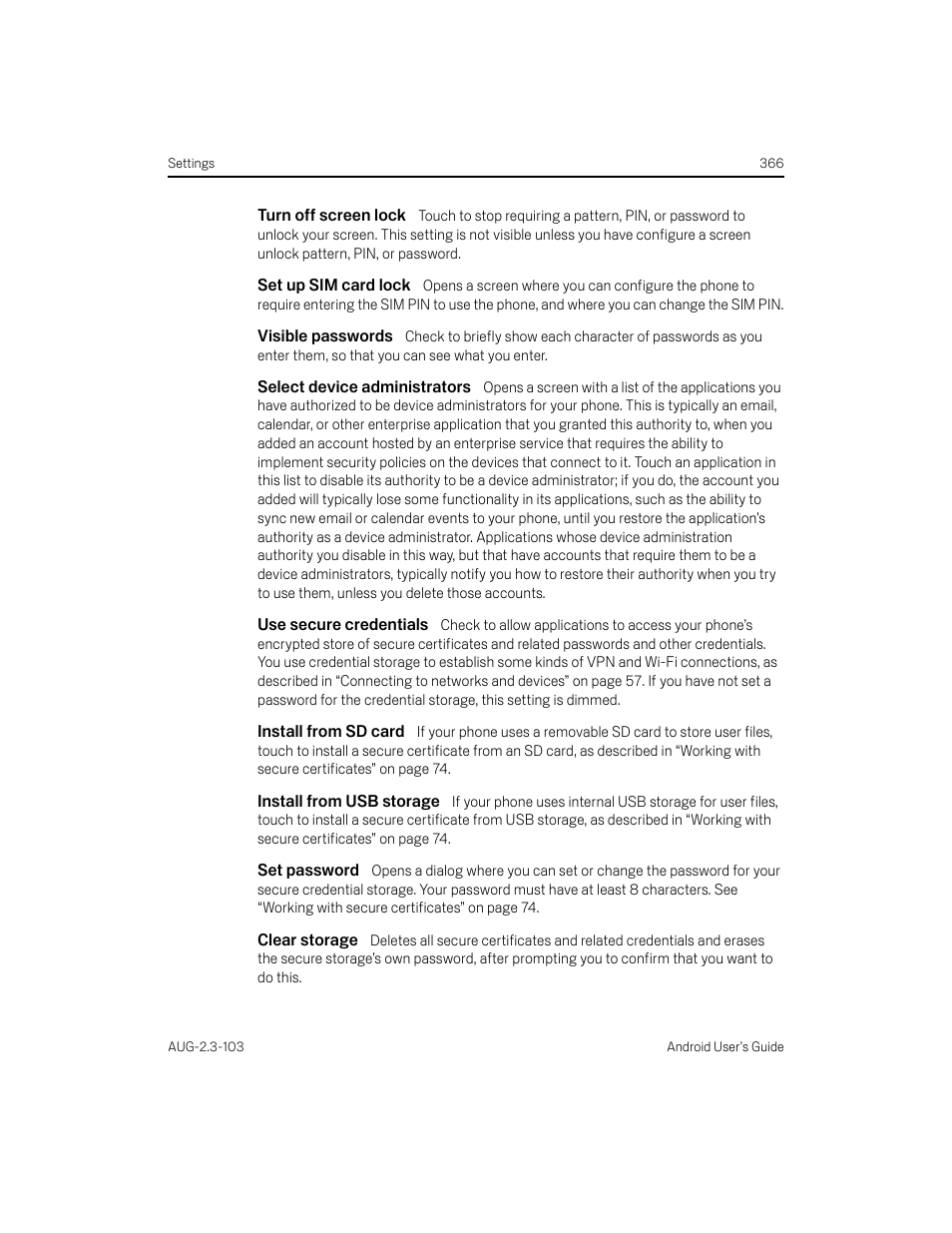 Turn off screen lock, Set up sim card lock, Visible passwords | Select device administrators, Use secure credentials, Install from sd card, Install from usb storage, Set password, Clear storage | Samsung Android 2.3 User Manual | Page 366 / 380