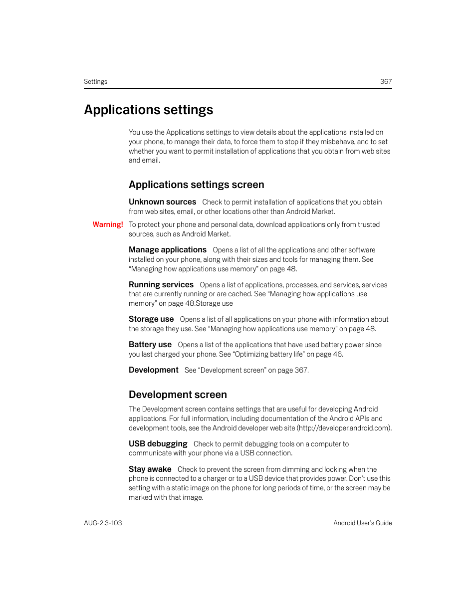 Applications settings, Applications settings screen, Unknown sources | Manage applications, Running services, Storage use, Battery use, Development, Development screen, Usb debugging | Samsung Android 2.3 User Manual | Page 367 / 380