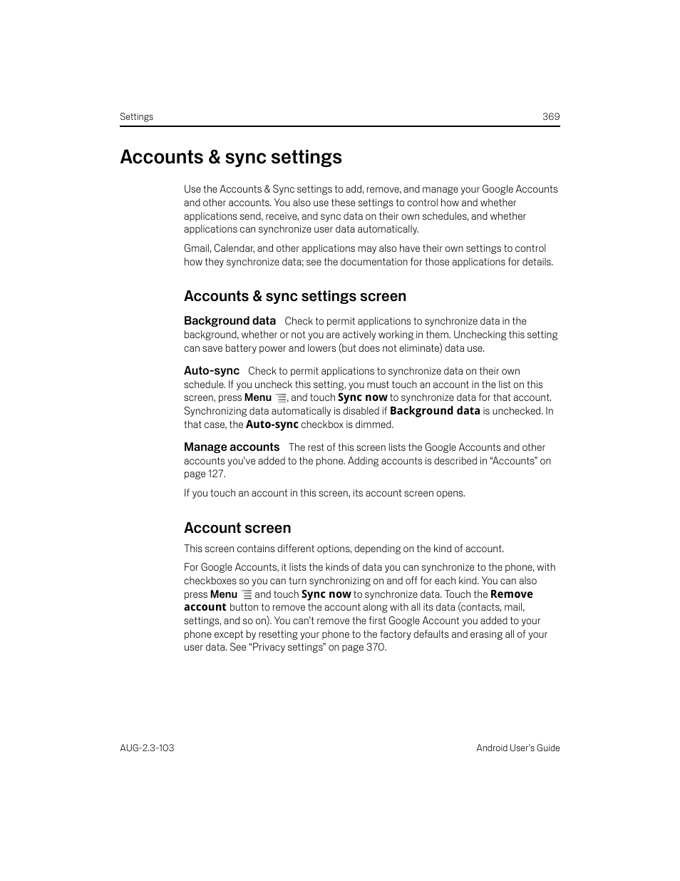 Accounts & sync settings, Accounts & sync settings screen, Background data | Auto-sync, Manage accounts, Account screen, Accounts & sync settings 369 | Samsung Android 2.3 User Manual | Page 369 / 380