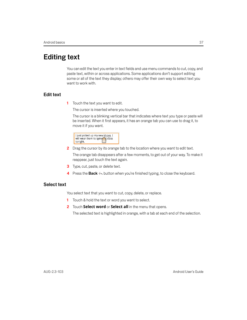 Editing text, Edit text, Select text | Editing text 37 | Samsung Android 2.3 User Manual | Page 37 / 380