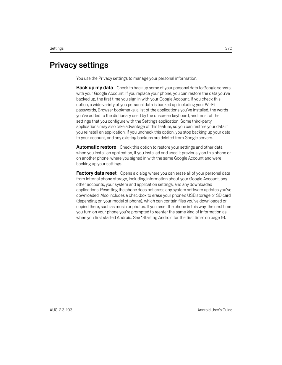 Privacy settings, Back up my data, Automatic restore | Factory data reset, Privacy settings 370 | Samsung Android 2.3 User Manual | Page 370 / 380