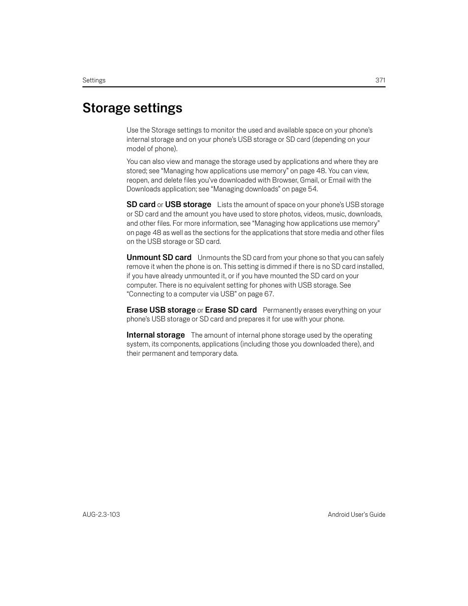 Storage settings, Sd card or usb storage, Unmount sd card | Erase usb storage or erase sd card, Internal storage, Storage settings 371 | Samsung Android 2.3 User Manual | Page 371 / 380