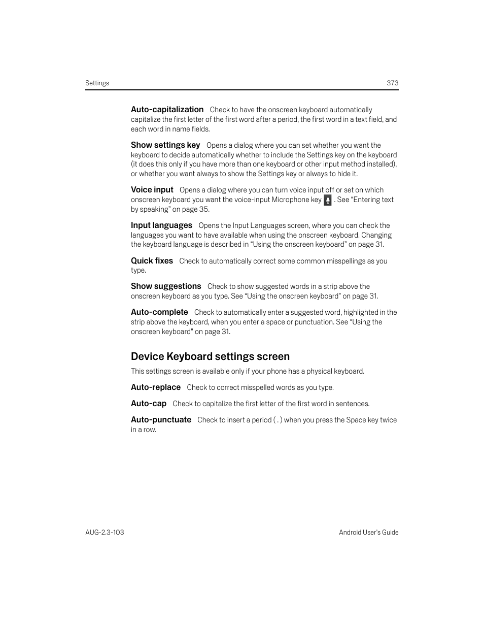 Auto-capitalization, Show settings key, Voice input | Input languages, Quick fixes, Show suggestions, Auto-complete, Device keyboard settings screen, Auto-replace, Auto-cap | Samsung Android 2.3 User Manual | Page 373 / 380