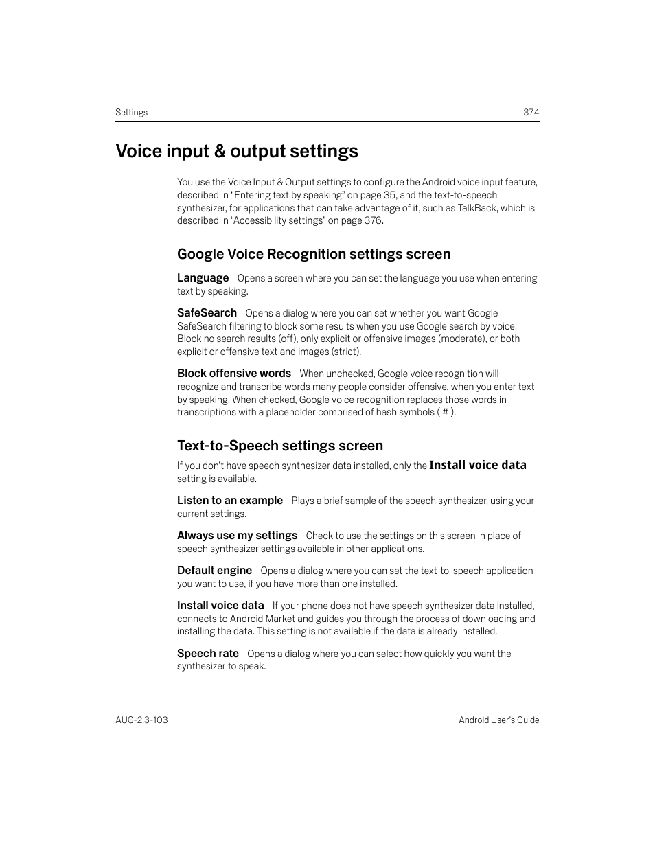 Voice input & output settings, Google voice recognition settings screen, Language | Safesearch, Block offensive words, Text-to-speech settings screen, Listen to an example, Always use my settings, Default engine, Install voice data | Samsung Android 2.3 User Manual | Page 374 / 380