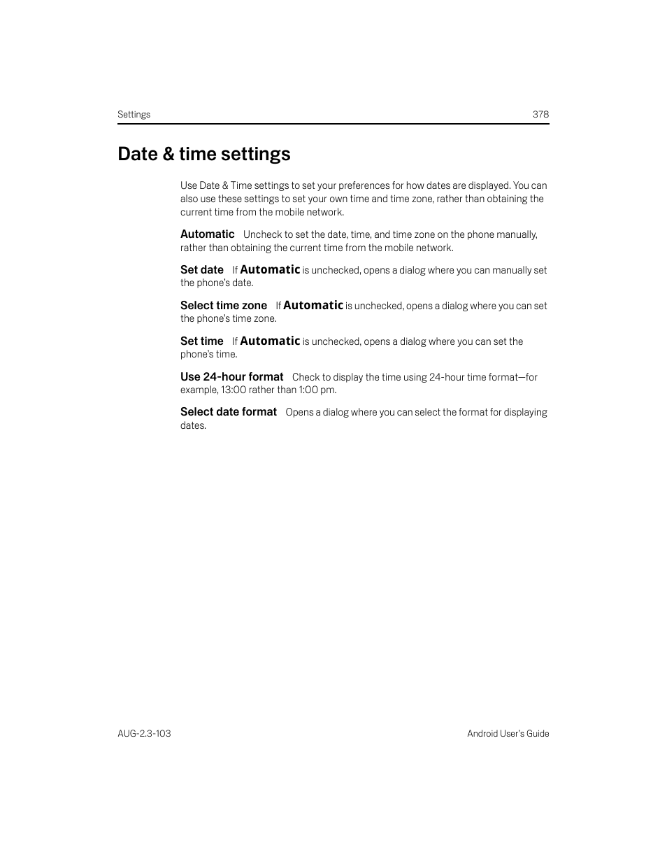 Date & time settings, Automatic, Set date | Select time zone, Set time, Use 24-hour format, Select date format, Date & time settings 378 | Samsung Android 2.3 User Manual | Page 378 / 380