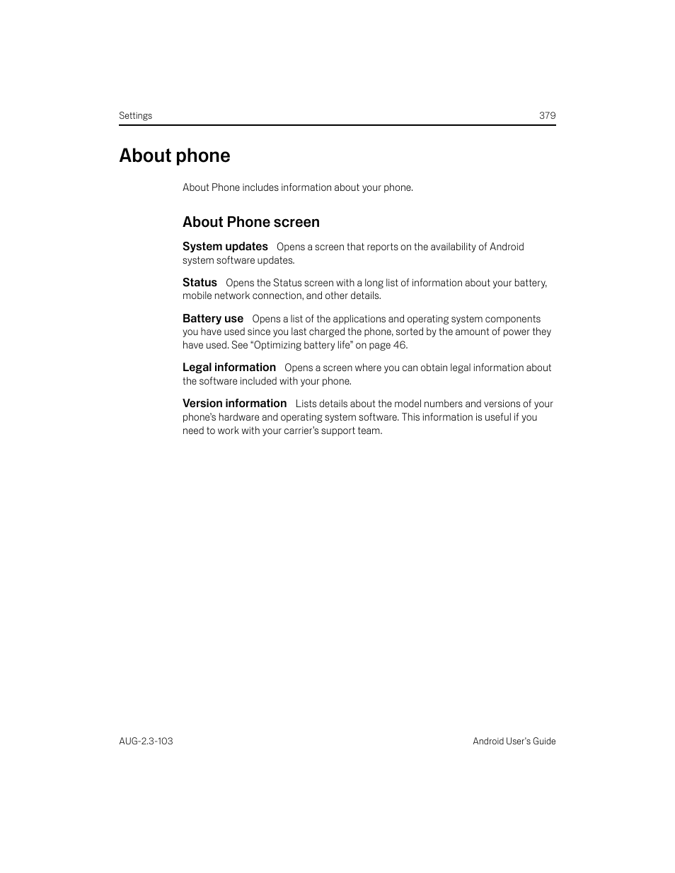 About phone, About phone screen, System updates | Status, Battery use, Legal information, Version information, About phone 379, About phone screen 379 | Samsung Android 2.3 User Manual | Page 379 / 380