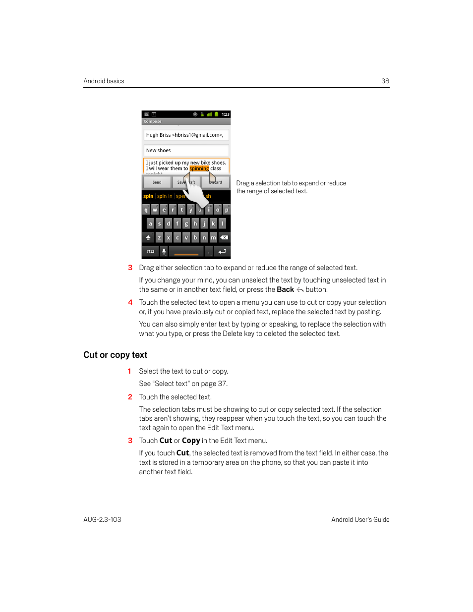 Cut or copy text | Samsung Android 2.3 User Manual | Page 38 / 380