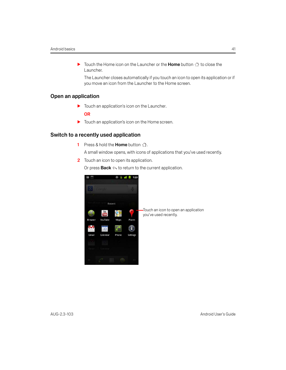 Open an application, Switch to a recently used application | Samsung Android 2.3 User Manual | Page 41 / 380