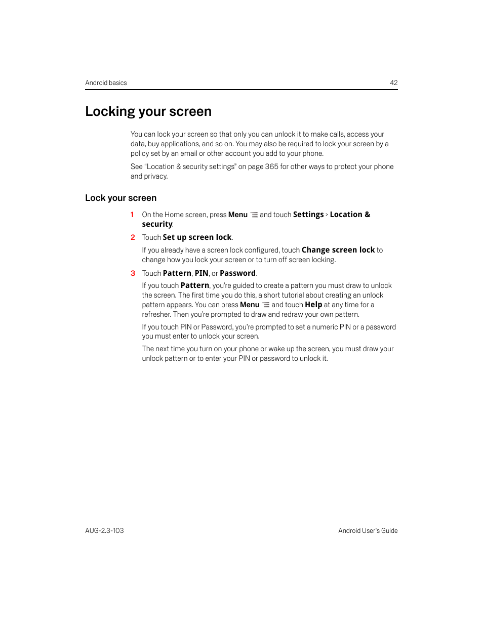 Locking your screen, Lock your screen, Locking your screen 42 | Samsung Android 2.3 User Manual | Page 42 / 380