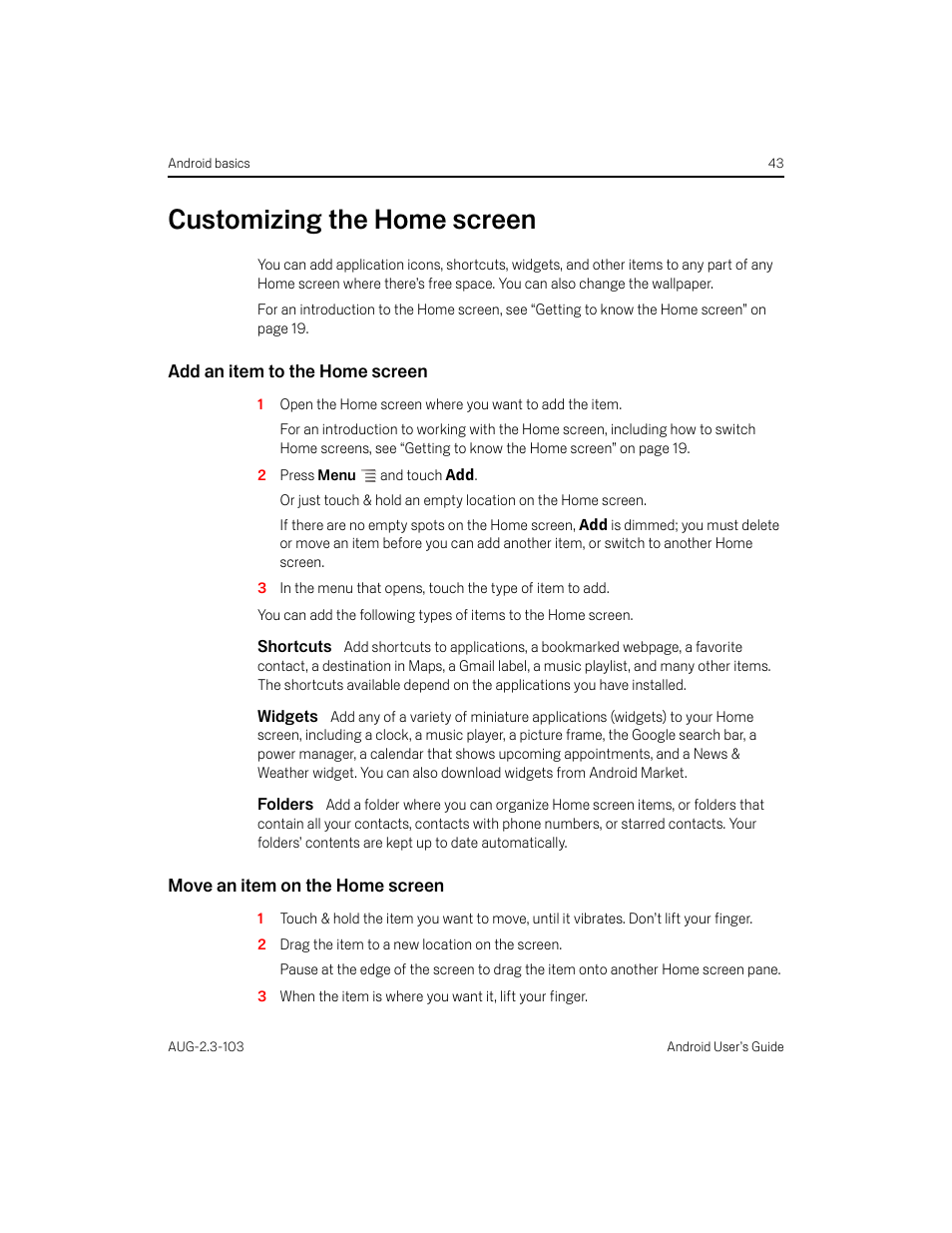 Customizing the home screen, Add an item to the home screen, Shortcuts | Widgets, Folders, Move an item on the home screen, Customizing the home screen 43 | Samsung Android 2.3 User Manual | Page 43 / 380