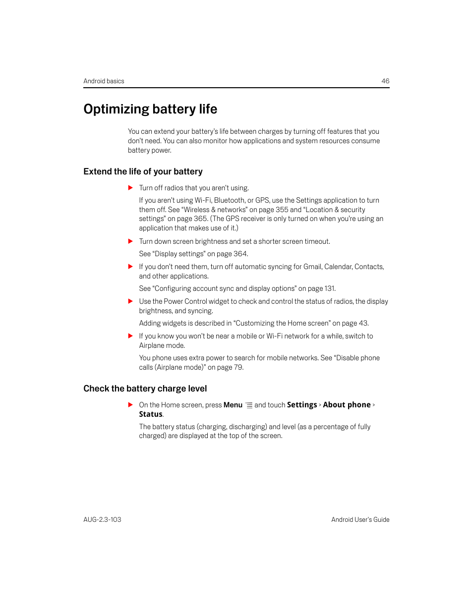 Optimizing battery life, Extend the life of your battery, Check the battery charge level | Optimizing battery life 46 | Samsung Android 2.3 User Manual | Page 46 / 380
